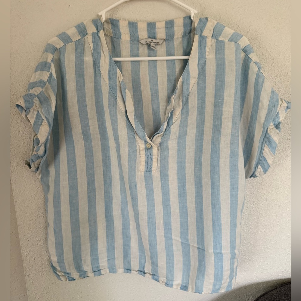 LL Bean Signature Linen Split Neck Short Sleeve Striped Women’s Shirt
